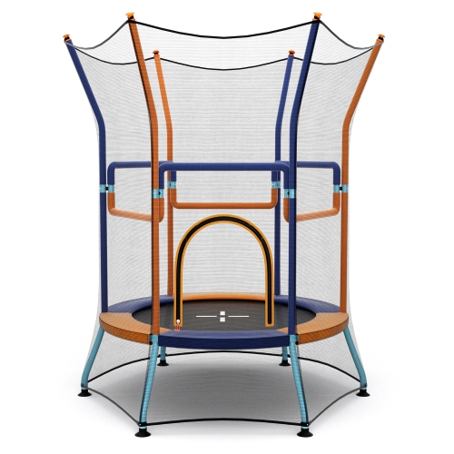 Gymax Kids Mini Trampoline w/ 59'' Higher Enclosure Net Seamless Jumping Mat Zipper Door Orange & Blue