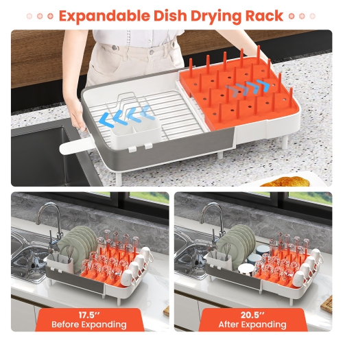 Gymax Expandable Dish Drying Rack Drainer w/ Detachable Utensil Holder & Vertical Bars