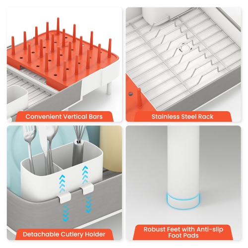 Gymax Expandable Dish Drying Rack Drainer w/ Detachable Utensil Holder & Vertical Bars