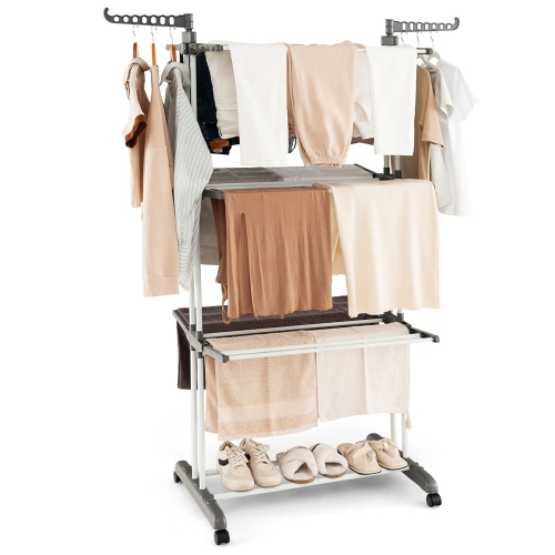 GYMAX  3-Tier Folding Clothes Drying Rack W/ Rotatable Side Wings & Collapsible Shelves