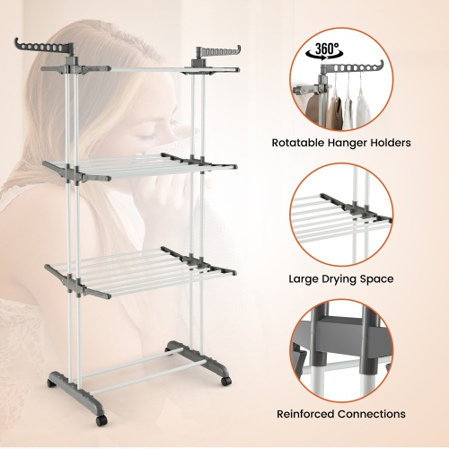 Gymax 3-tier Folding Clothes Drying Rack w/ Rotatable Side Wings & Collapsible Shelves
