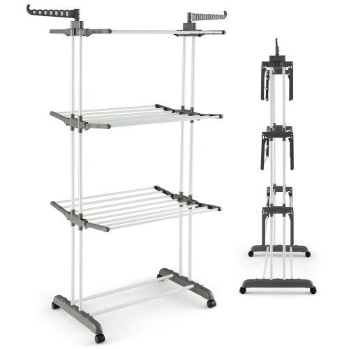 Gymax 3-tier Folding Clothes Drying Rack w/ Rotatable Side Wings & Collapsible Shelves