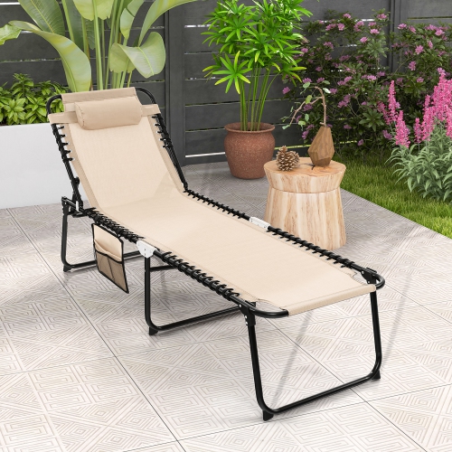 Gymax 2 PCS Patio Folding Chaise Lounge Portable Lay Flat Reclining Chair w/ 4-Level Backrest Side Pocket