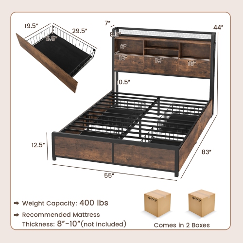 Gymax Full Size Bed Frame w/ Bookcase Headboard & 4 Storage Drawers Vintage Brown