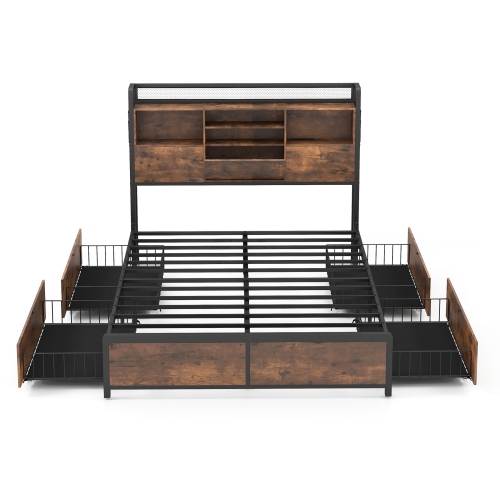 Gymax Full Size Bed Frame w/ Bookcase Headboard & 4 Storage Drawers Vintage Brown