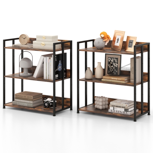 Gymax 2 PCS 3-Tier Metal Frame Corner Bookcase w/Adjustable Shelves Rustic Brown