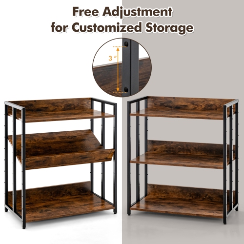 Gymax 2 PCS 3-Tier Metal Frame Corner Bookcase w/Adjustable Shelves Rustic Brown