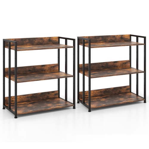 Gymax 2 PCS 3-Tier Metal Frame Corner Bookcase w/Adjustable Shelves Rustic Brown