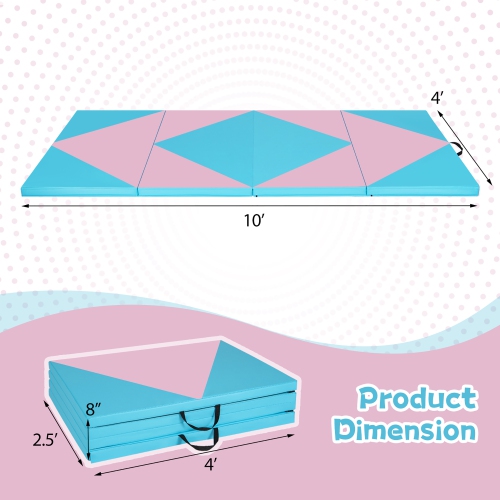 Gymax Gymnastics Gym Mat 4-Panel Folding Lightweight Gymnastics Tumbling Mat w/ Hook Blue & Pink