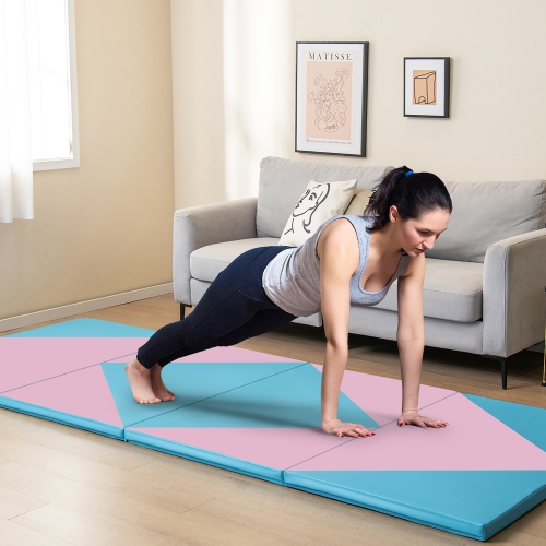 Gymax Gymnastics Gym Mat 4-Panel Folding Lightweight Gymnastics Tumbling Mat w/ Hook Blue & Pink