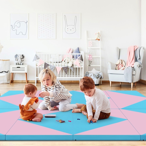 Gymax Gymnastics Gym Mat 4-Panel Folding Lightweight Gymnastics Tumbling Mat w/ Hook Blue & Pink