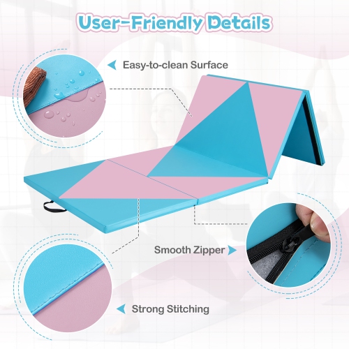 Gymax Gymnastics Gym Mat 4-Panel Folding Lightweight Gymnastics Tumbling Mat w/ Hook Blue & Pink