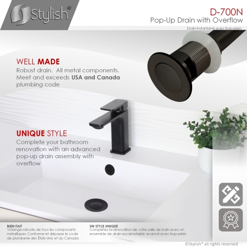 OPEN BOX A - Bathroom Vanity Sink Pop-Up Drain with Overflow in Matte Black Finish D-700N