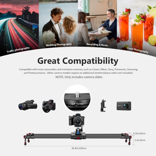 NEEWER 39.4"/100cm Motorized Camera Slider with 2.4G Wireless Control, Carbon Fiber Wireless Camera Slider Supports Video Mode