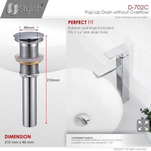 OPEN BOX A - Bathroom Vanity Sink Pop-Up Drain without Overflow in Polished Chrome Finish D-702C