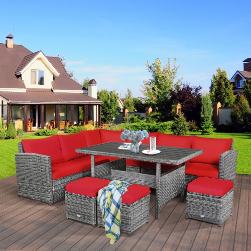 Ensemble patio de mobilier de salle à manger en rotin avec canapé modulaire et pouf de patio de Costway 7 pièces, rouge jardin