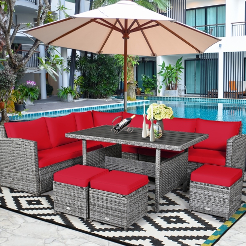 Ensemble patio de mobilier de salle à manger en rotin avec canapé modulaire et pouf de patio de Costway 7 pièces, rouge jardin