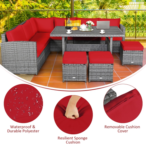 Ensemble patio de mobilier de salle à manger en rotin avec canapé modulaire et pouf de patio de Costway 7 pièces, rouge jardin