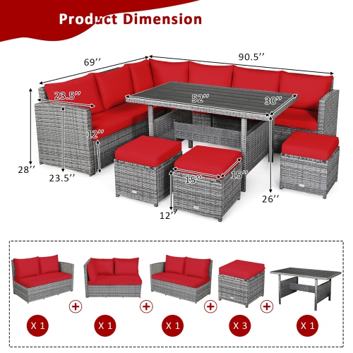 Ensemble patio de mobilier de salle à manger en rotin avec canapé modulaire et pouf de patio de Costway 7 pièces, rouge jardin