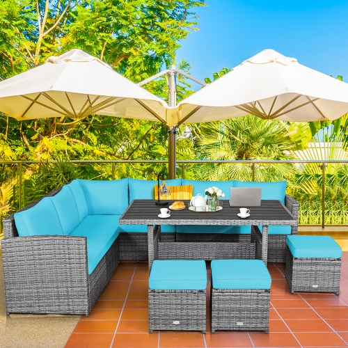 Costway 7 PCS Patio Rattan Dining Set Sectional Sofa Couch Ottoman Garden Turquoise