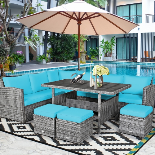 Costway 7 PCS Patio Rattan Dining Set Sectional Sofa Couch Ottoman Garden Turquoise