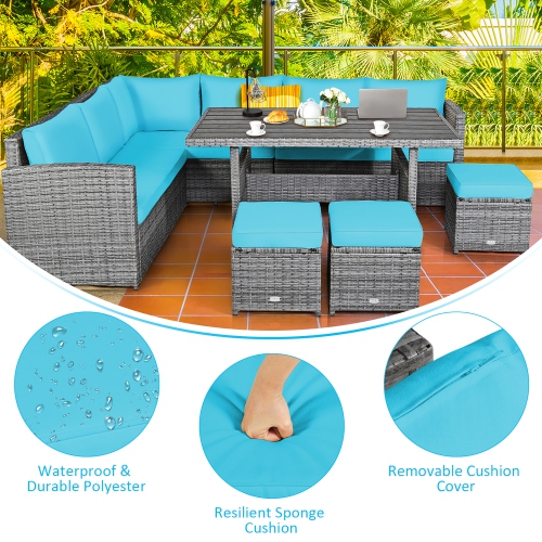 Costway 7 PCS Patio Rattan Dining Set Sectional Sofa Couch Ottoman Garden Turquoise