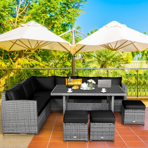Ensemble patio de 7 pièces avec ensemble de salle à manger et canapé modulaire avec pouf et jardin en rotin de Costway - Noir