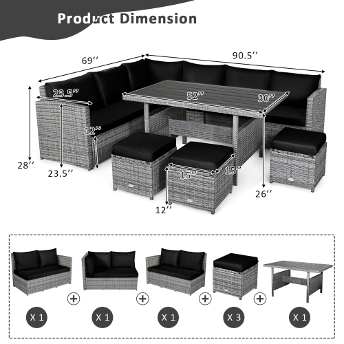 Ensemble patio de 7 pièces avec ensemble de salle à manger et canapé modulaire avec pouf et jardin en rotin de Costway - Noir