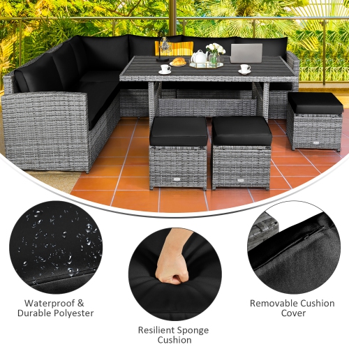Ensemble patio de 7 pièces avec ensemble de salle à manger et canapé modulaire avec pouf et jardin en rotin de Costway - Noir