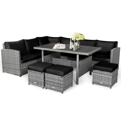 Ensemble patio de 7 pièces avec ensemble de salle à manger et canapé modulaire avec pouf et jardin en rotin de Costway - Noir