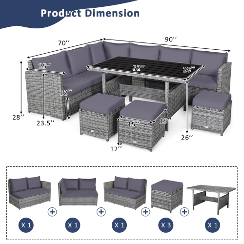 Costway 7 PCS Patio Rattan Dining Set Sectional Sofa Couch Ottoman Garden Gray