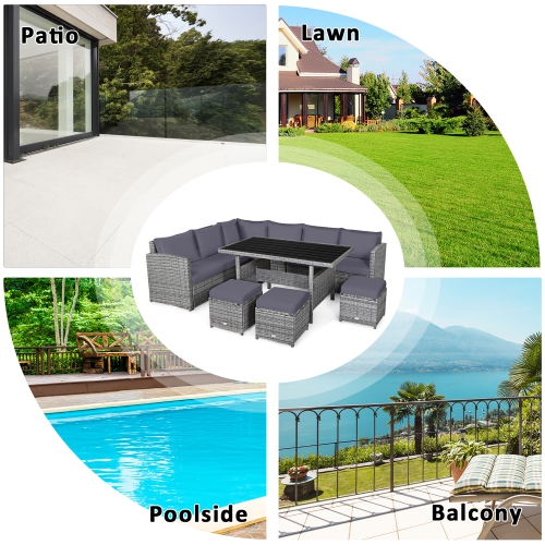 Costway 7 PCS Patio Rattan Dining Set Sectional Sofa Couch Ottoman Garden Gray