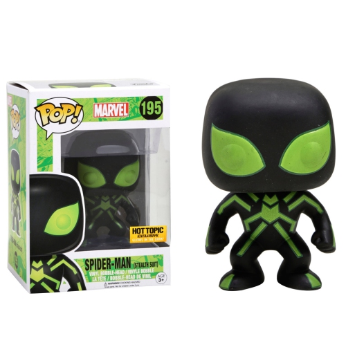 FUNKO  Pop Marvel Vinyl Bobble-Head Spider-Man (Stealth Suit) (Glows In The Dark) #195 Hot Topic Exclusive