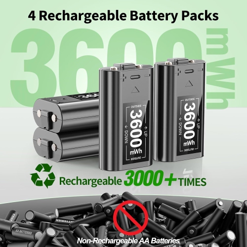 Chargeur de manette rechargeable de Xbox avec 4 piles 3600mWh, batterie de manette de Xbox pour manette de Xbox Series X/S/One/Elite/Core