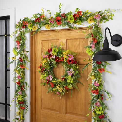 Poppy and Eucalyptus Spring Garland - 5' - Red and Yellow