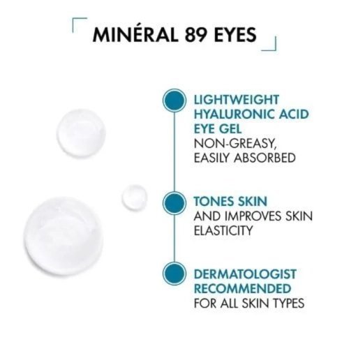Vichy Minéral 89 EYES: Under Eye Cream for Dark Circles - Hyaluronic Acid Anti-Aging Serum with Pure Caffeine. Brightens, Smooths, Fragrance-Free -