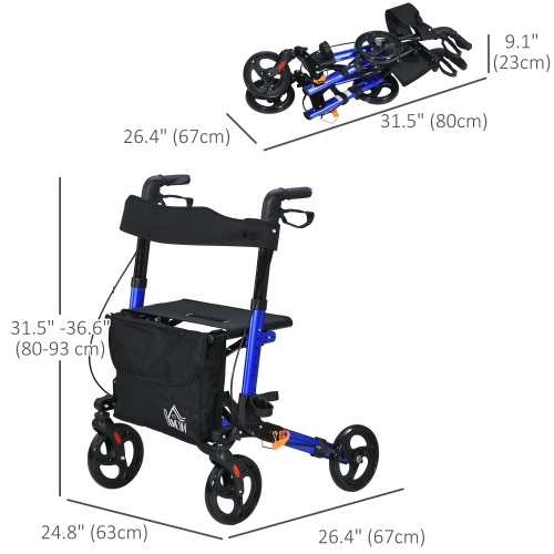 HOMCOM Rollator Walker for Seniors and Adults with 8'' Wheels, Seat, Aluminium Lightweight Folding Rolling Walker with Adjustable Handle, Storage