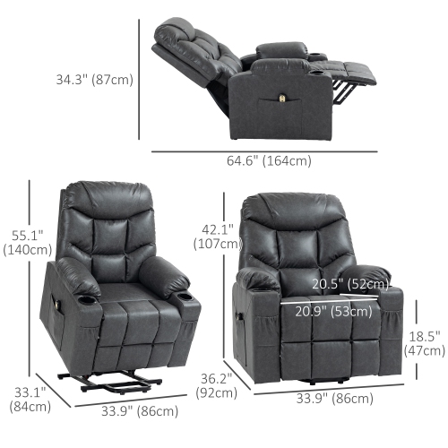 HOMCOM Power Lift Chair for Elderly, PU Leather Upholstered Electric Recliner Chair with Footrest, Remote Control, Cup Holders, Side Pockets for
