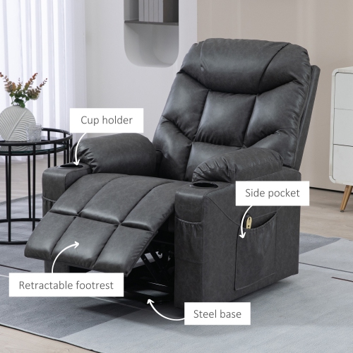 HOMCOM Power Lift Chair for Elderly, PU Leather Upholstered Electric Recliner Chair with Footrest, Remote Control, Cup Holders, Side Pockets for