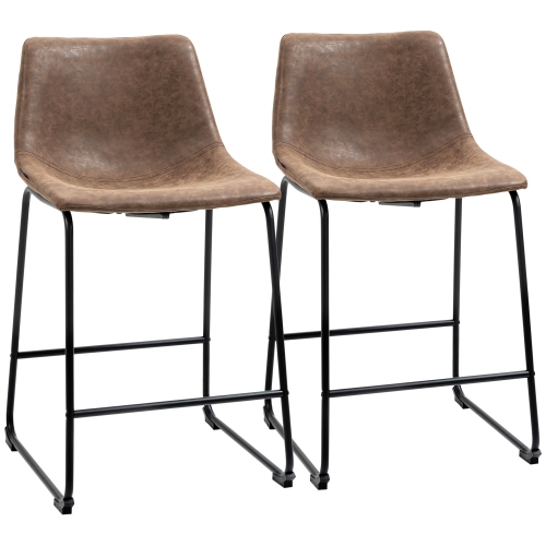 HOMCOM  Counter Height Bar Stools Set Of 2, Vintage Pu Leather Bar Chairs, Kitchen Stools With Footrest for Home Bar In Brown