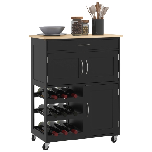 HOMCOM Kitchen Island on Wheels, Rolling Kitchen Cart with Drawer, 9-Bottle Wine Rack, Storage Cabinets, Wooden Countertop