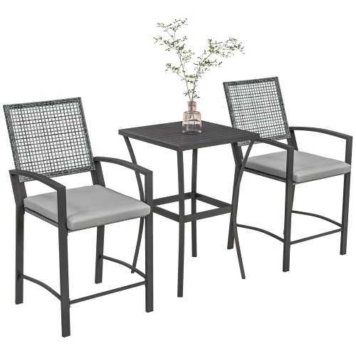 Outsunny 3 Pieces Outdoor Wicker Bar Set, Classic Bistro Bar Set Garden Rattan Style Patio Bar Table & High Chairs w/ Cushions Home Bar Furniture, Li