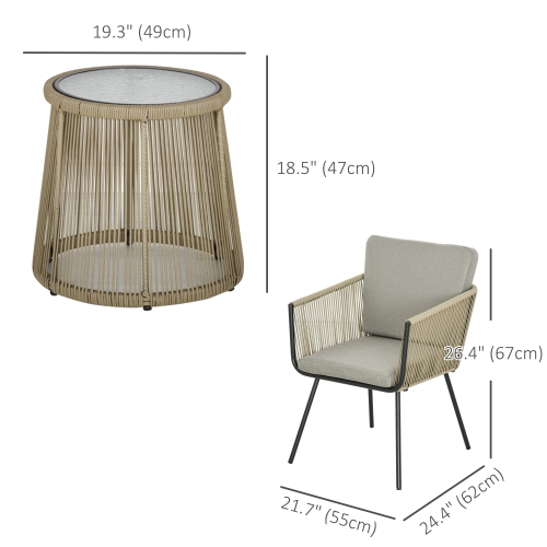 Outsunny 3 Pieces Wicker Patio Furniture Set, Rattan Bistro Set with Coffee Table and Cushions, Outdoor Conversation Set for Garden, Porch, Balcony,