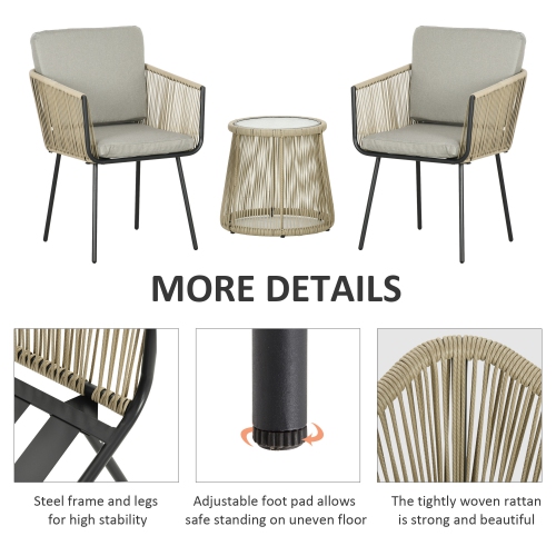 Outsunny 3 Pieces Wicker Patio Furniture Set, Rattan Bistro Set with Coffee Table and Cushions, Outdoor Conversation Set for Garden, Porch, Balcony,