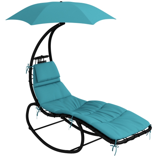 Outsunny Outdoor Patio Tanning Chair with Rocking Function, Chaise Lounge Chair with Sunshade Roof, Patio Sun Lounger with Cushion, Pillows, Turquoise