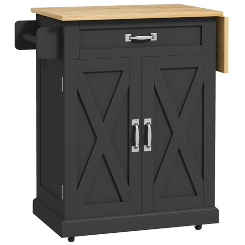 HOMCOM Foldable Kitchen Island with Storage Drawer, Farmhouse Style Rolling Utility Cart, Coffee Bar Cabinet on Wheels with Drop-Leaf Wood Top