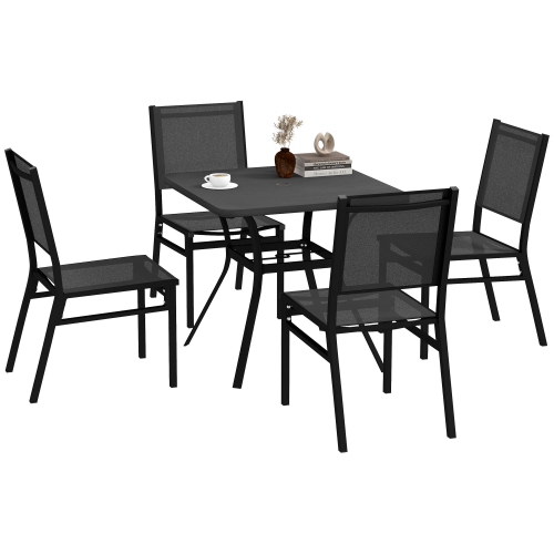 Outsunny 5 Pieces Patio Dining Set for 4, Outdoor Table and Chairs with Umbrella Hole, Faux-Wood Steel Top, Aluminum Frame, Mesh Seat and Back for Ga