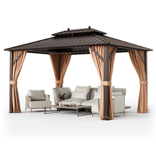 GYMAX  10'x13' Patio Double-Roof Hardtop Gazebo W/ Galvanized Steel Roof Aluminum Frame