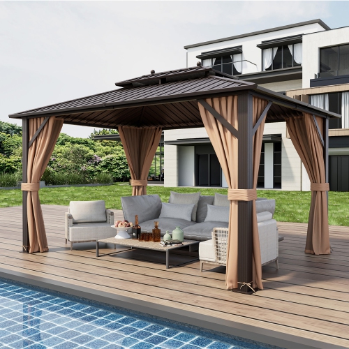 Gymax 10'x13' Patio Double-Roof Hardtop Gazebo w/ Galvanized Steel Roof Aluminum Frame