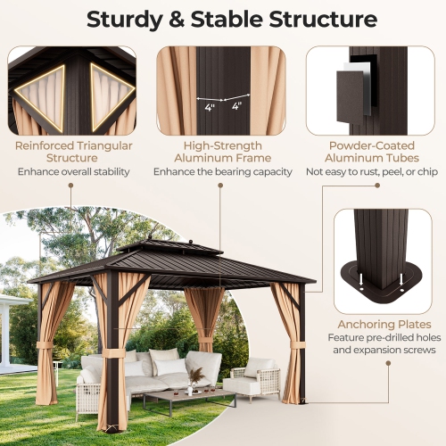 Gymax 10'x13' Patio Double-Roof Hardtop Gazebo w/ Galvanized Steel Roof Aluminum Frame